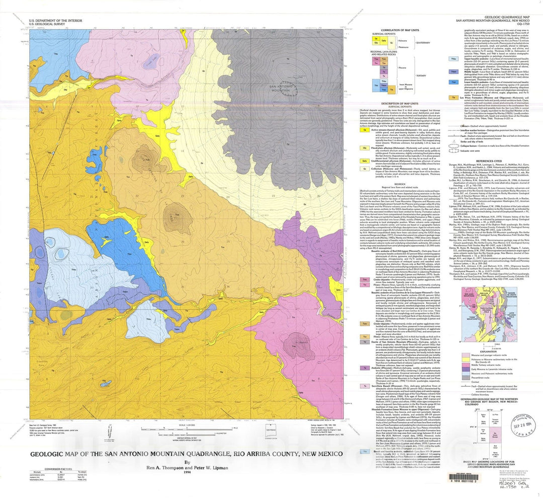 Map : Geologic map of the San Antonio Mountain quadrangle, Rio Arriba County, New Mexico, 1994 Cartography Wall Art :