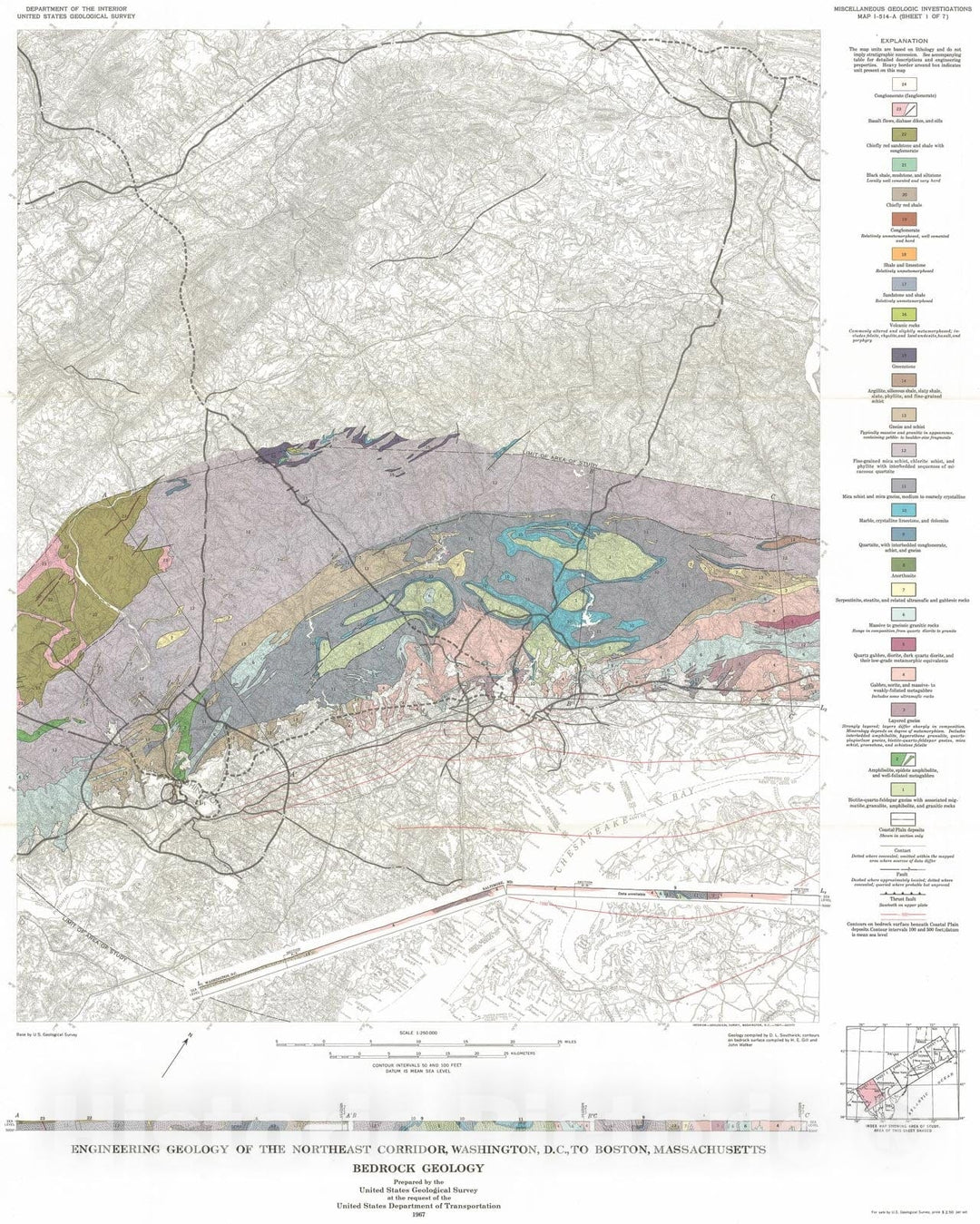 Map : Engineering geology of the Northeast Corridor, Washington D.C. to Boston, Massachusetts: Bedrock geology, 1967 Cartography Wall Art :