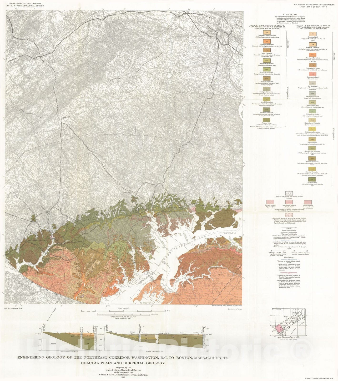 Map : Engineering geology of the Northeast Corridor, Washington D.C. to Boston, Massachusetts: Coastal plain and surficial deposits, 1967 Cartography Wall Art :