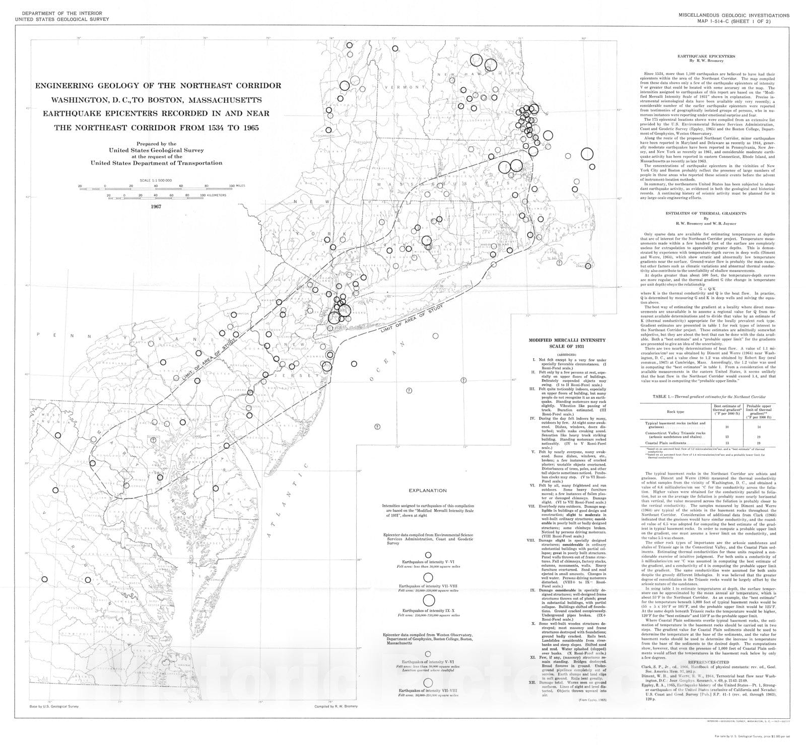 Map : Engineering geology of the Northeast Corridor, Washington D.C. to Boston, Massachusetts: Earthquake epicenters, 1967 Cartography Wall Art :