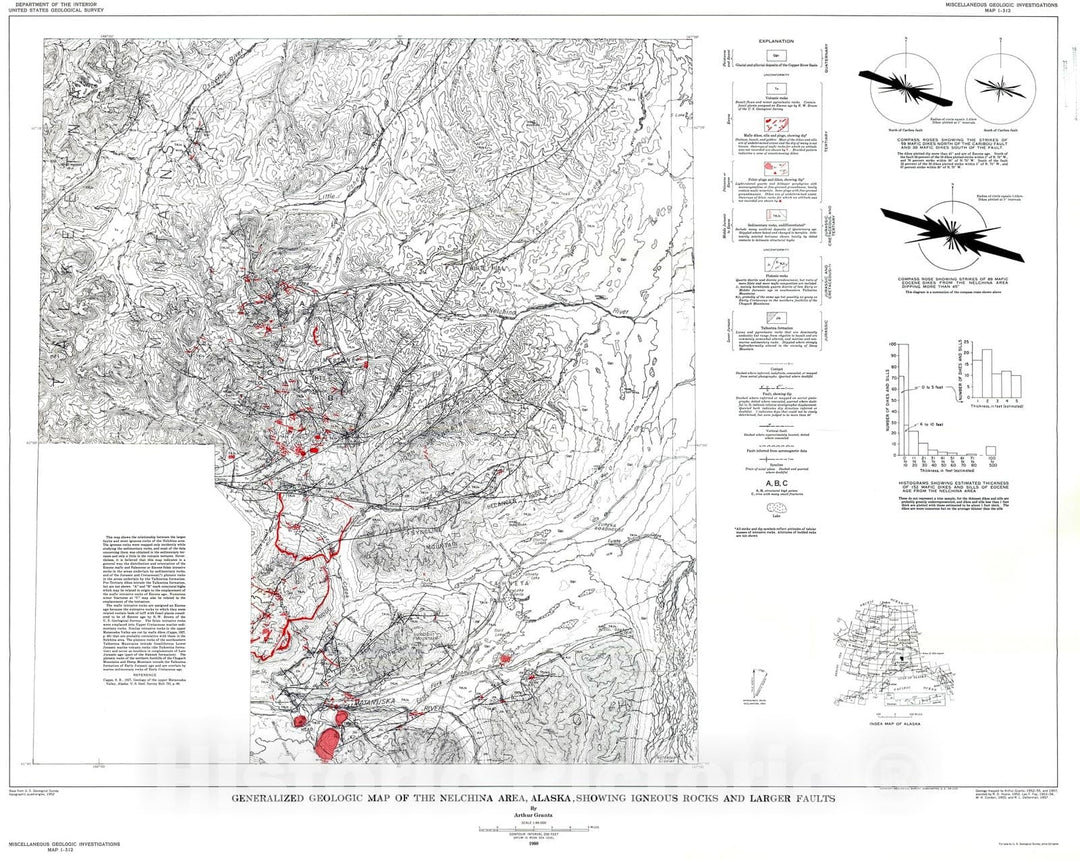 Map : Generalized geologic map of the Nelchina area, Alaska showing igneous rocks and larger faults, 1960 Cartography Wall Art :