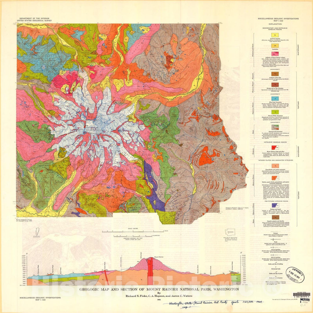 Map : Geologic map and section of Mount Rainier National Park, Washington, 1964 Cartography Wall Art :