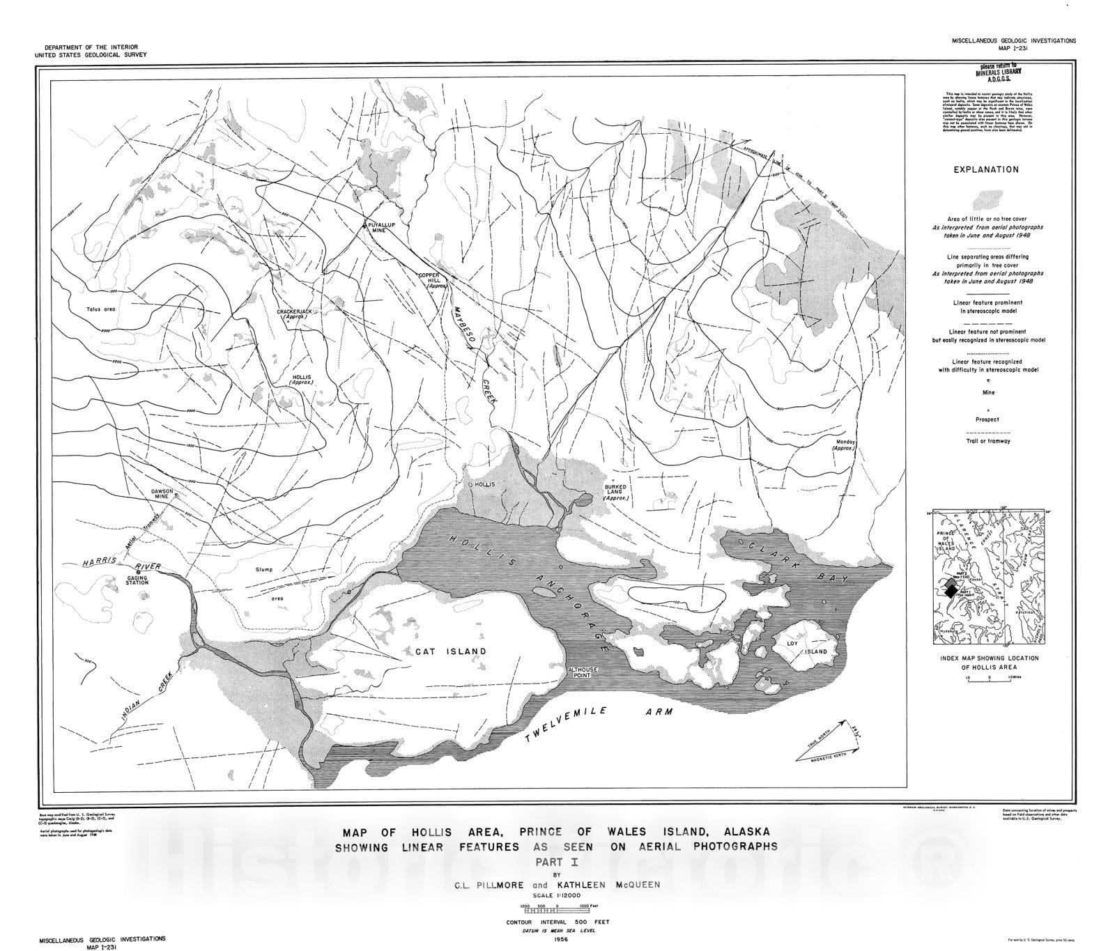 Map : Map of Hollis area, Prince of Wales Island, Alaska showing linear features as seen on aerial photographs, Part I, 1956 Cartography Wall Art :