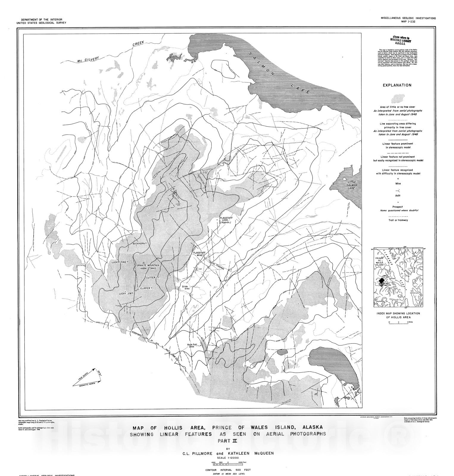 Map : Map of Hollis area, Prince of Wales Island, Alaska showing linear features as seen on aerial photographs, Part II, 1956 Cartography Wall Art :