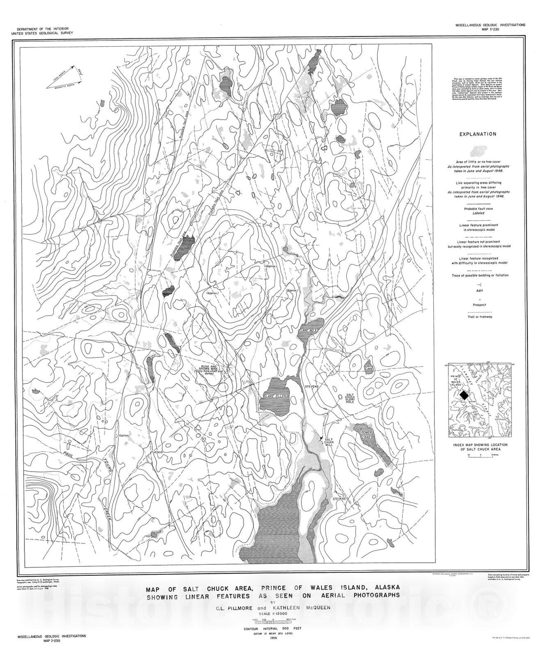 Map : Map of Salt Chuck area, Prince of Wales Island, Alaska showing linear features as seen on aerial photographs, 1956 Cartography Wall Art :