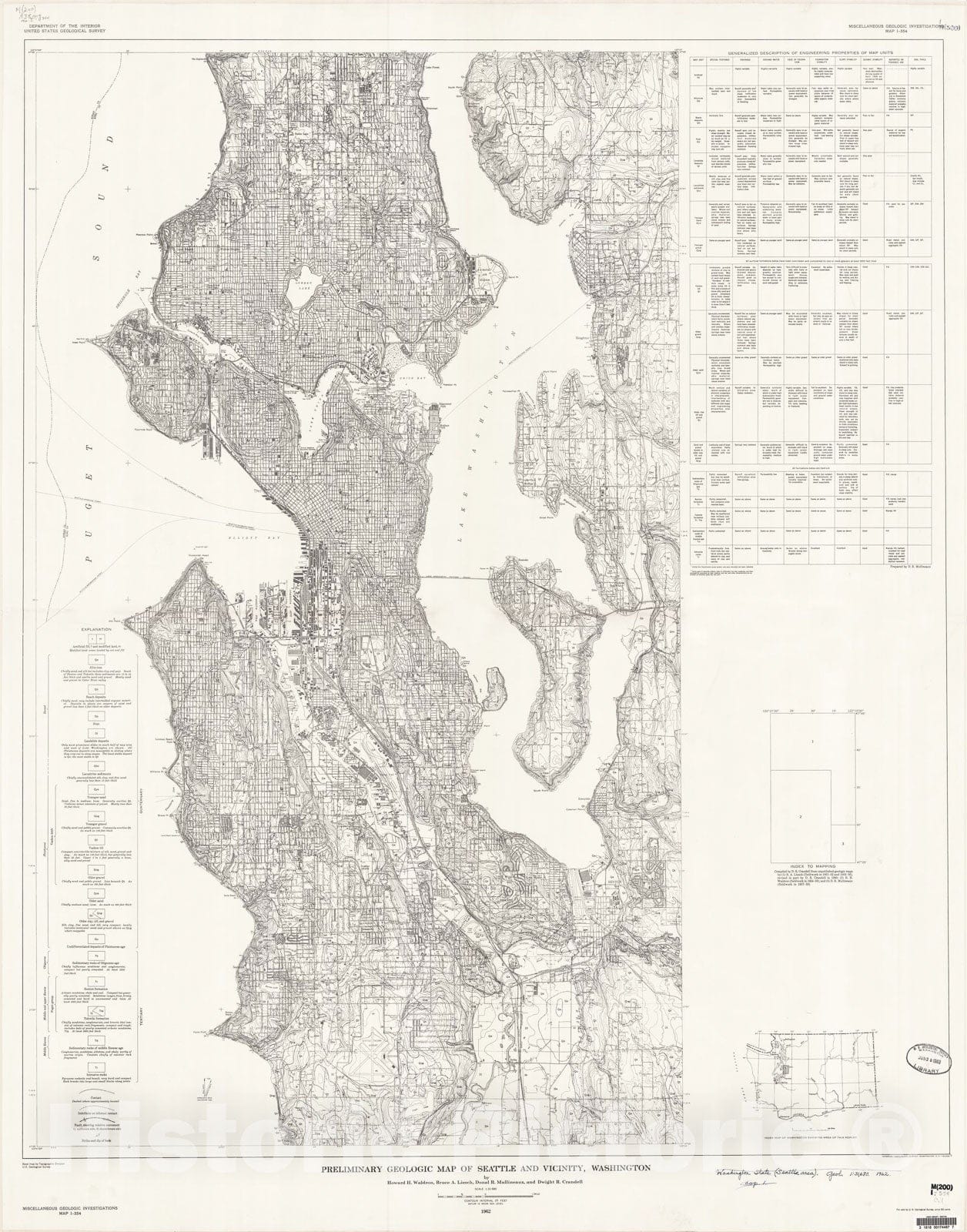 Map : Preliminary geologic map of Seattle and vicinity, Washington, 1962 Cartography Wall Art :