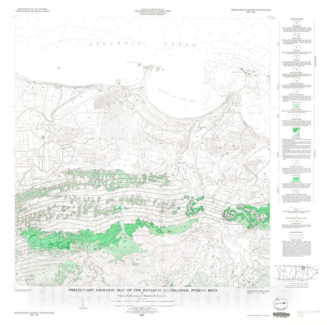 Map : Preliminary geologic map of the Bayamon quadrangle, Puerto Rico, 1962 Cartography Wall Art :