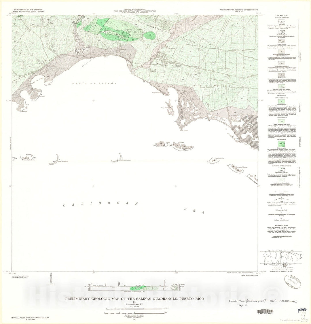 Map : Preliminary geologic map of the Salinas quadrangle, Puerto Rico, 1961 Cartography Wall Art :