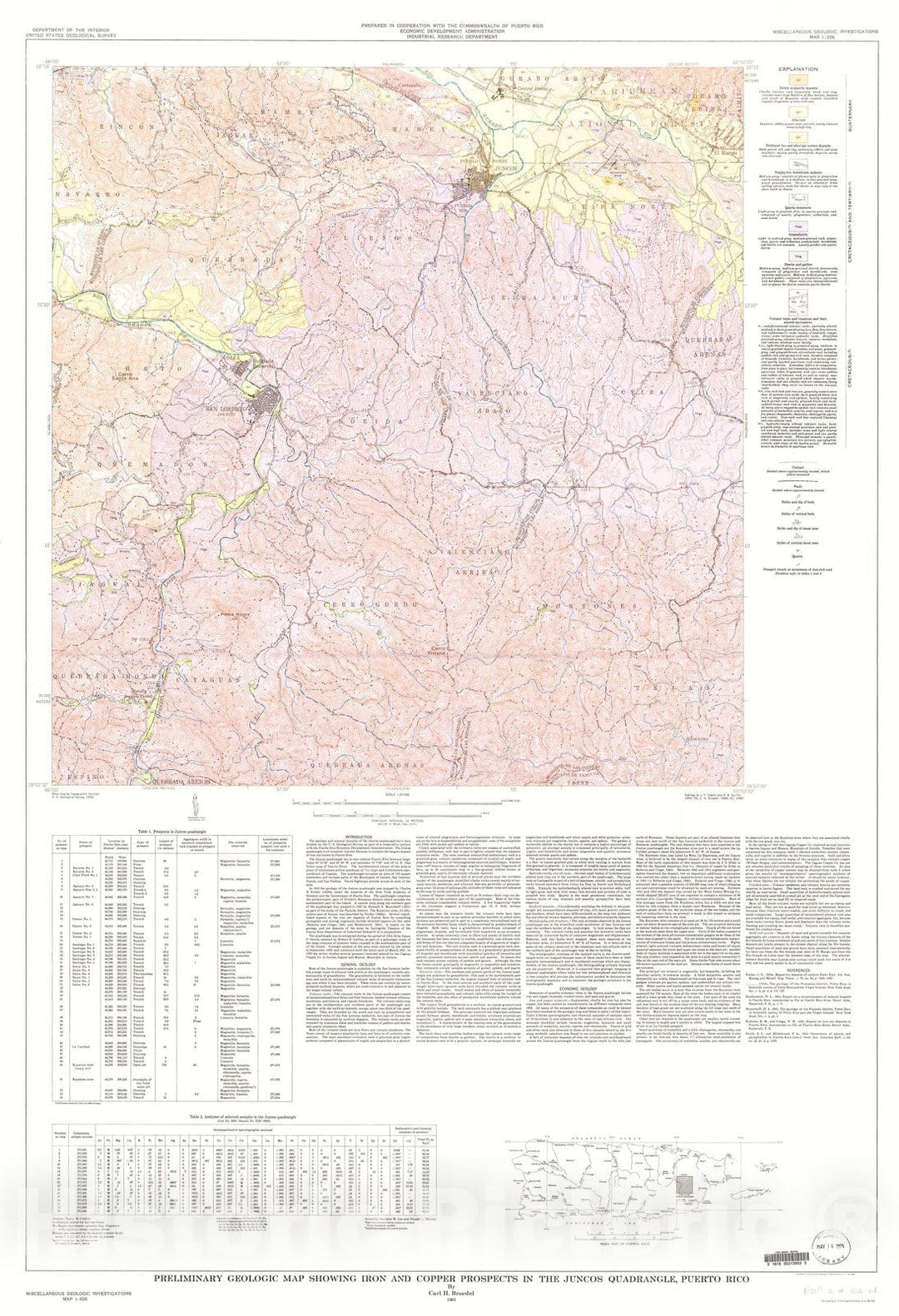 Map : Preliminary geologic map showing iron and copper prospects in the Juncos quadrangle, Puerto Rico, 1961 Cartography Wall Art :