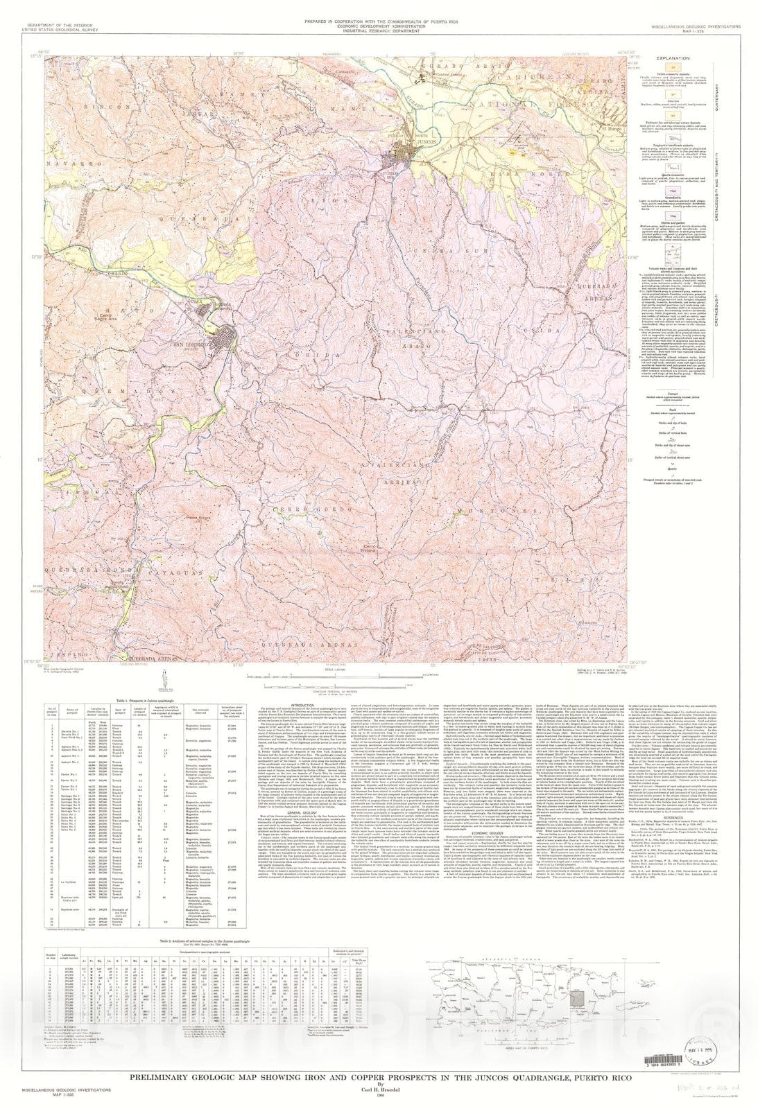 Map : Preliminary geologic map showing iron and copper prospects in the Juncos quadrangle, Puerto Rico, 1961 Cartography Wall Art :