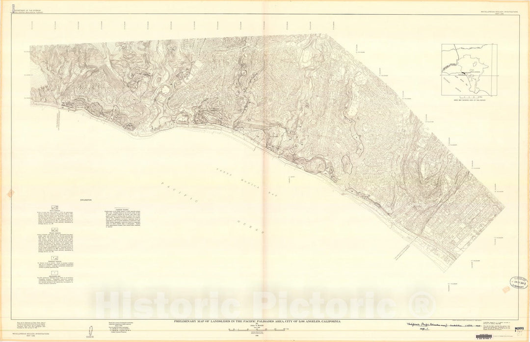 Map : Preliminary map of landslides in the Pacific Palisades area, City of Los Angeles, California, 1959 Cartography Wall Art :