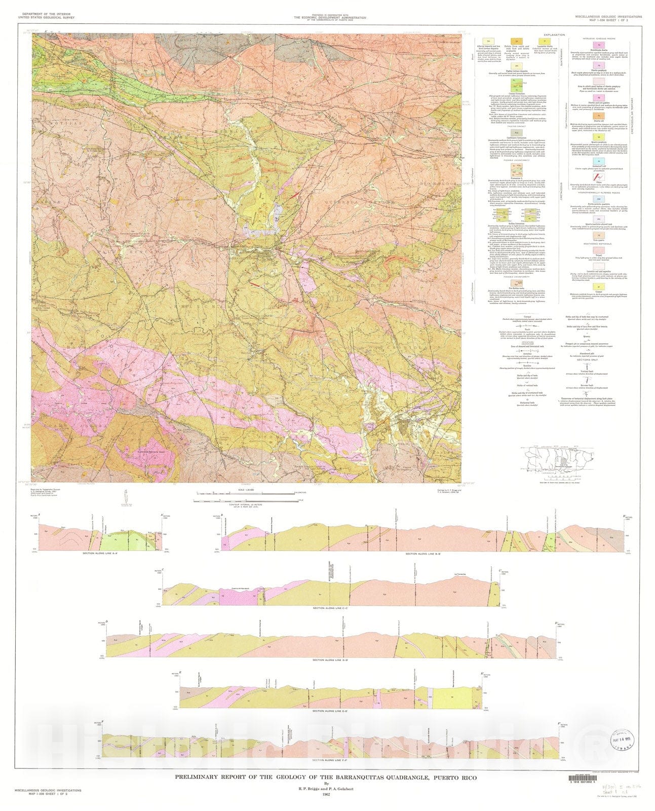 Map : Preliminary report on the geology of the Barranquitas quadrangle, Puerto Rico, 1962 Cartography Wall Art :