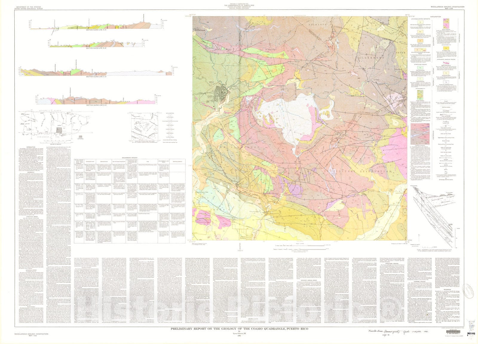 Map : Preliminary report on the geology of the Coamo quadrangle, Puerto Rico, 1961 Cartography Wall Art :