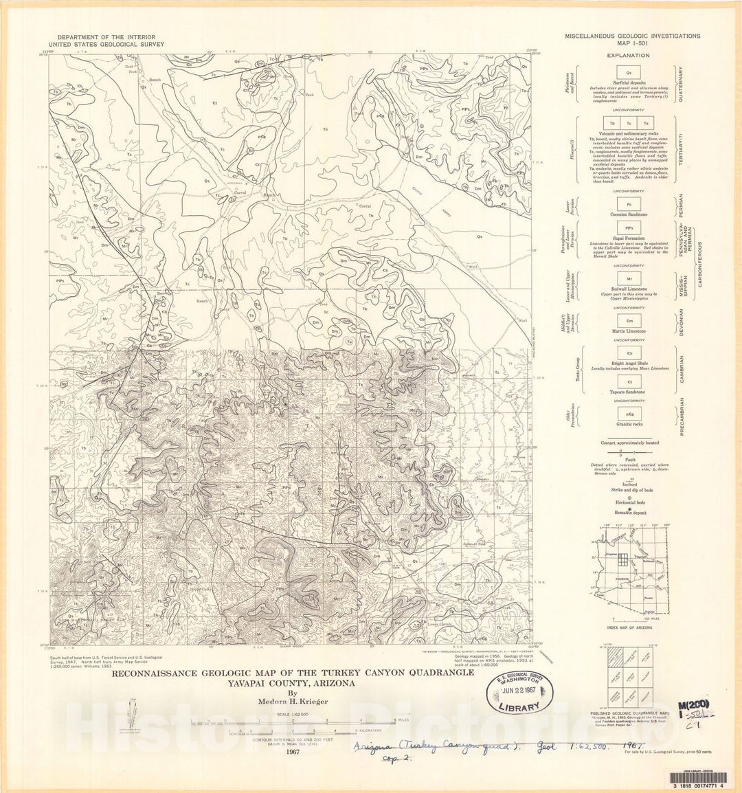 Map : Reconnaissance geologic map of the Turkey Canyon quadrangle, Yavapai County, Arizona, 1967 Cartography Wall Art :