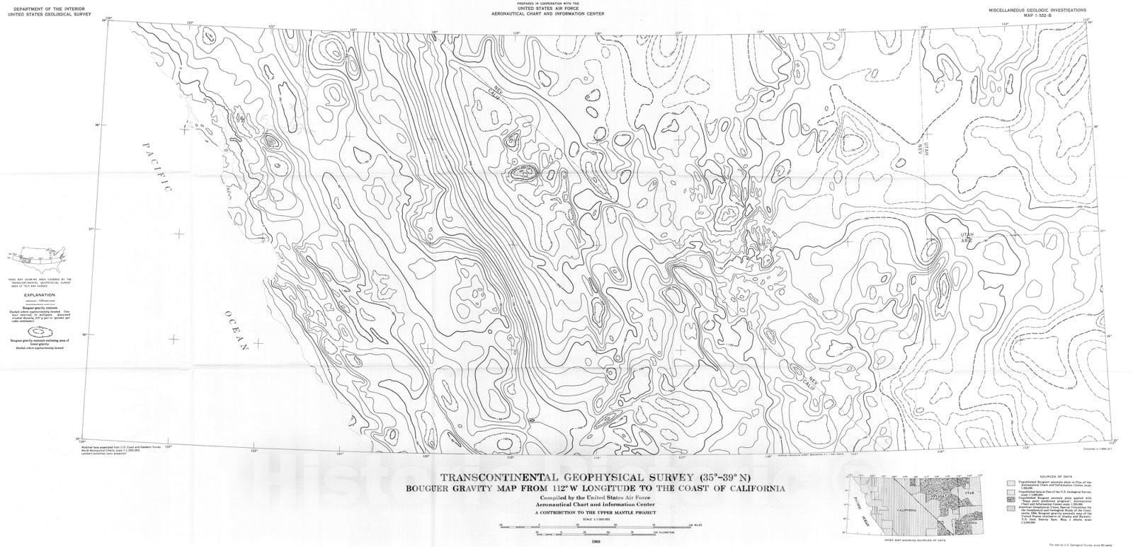 Map : Transcontinental geophysical survey (35 degrees - thirty-nine degrees N): Bouguer gravity map from 112 degrees W longitude to the coast of California, 1968 Cartography Wall Art :