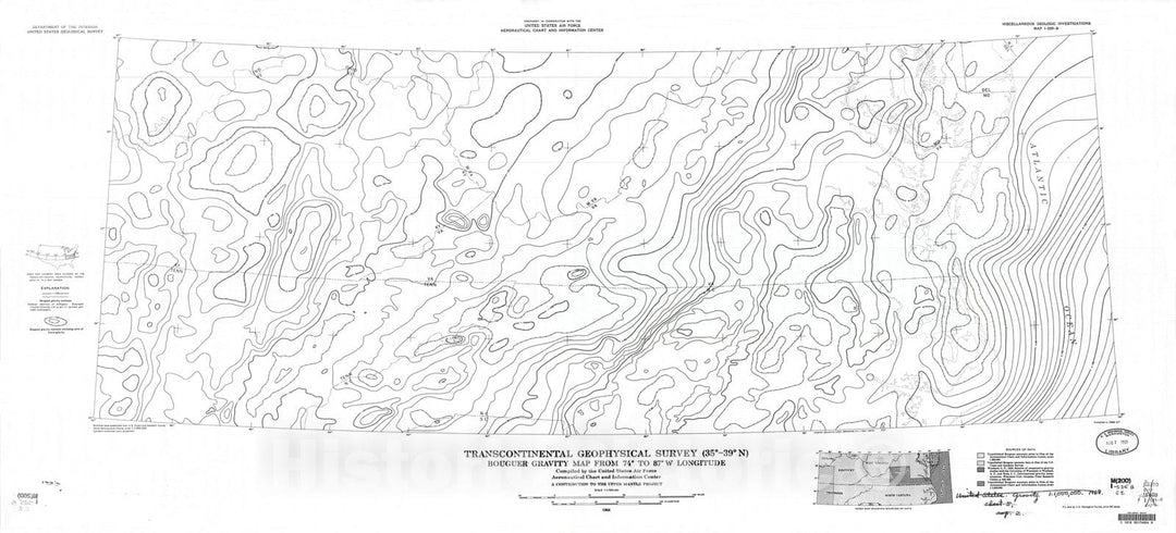 Map : Transcontinental geophysical survey (35 degrees - thirty-nine degrees N): Bouguer gravity map from seventy-four degrees to eighty-seven degrees W longitude, 1968 Cartography Wall Art :