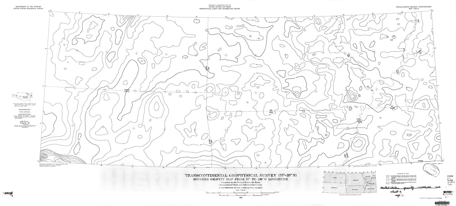 Map : Transcontinental geophysical survey (35 degrees - thirty-nine degrees N): Bouguer gravity map from eighty-seven degrees to 100 degrees W longitude, 1968 Cartography Wall Art :