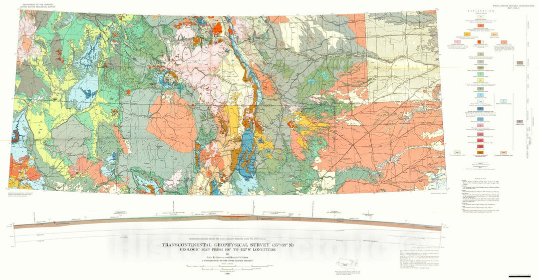 Map : Transcontinental geophysical survey (35 degrees - thirty-nine degrees N): Geologic map from 100 degrees to 112 degrees W longitude, 1968 Cartography Wall Art :