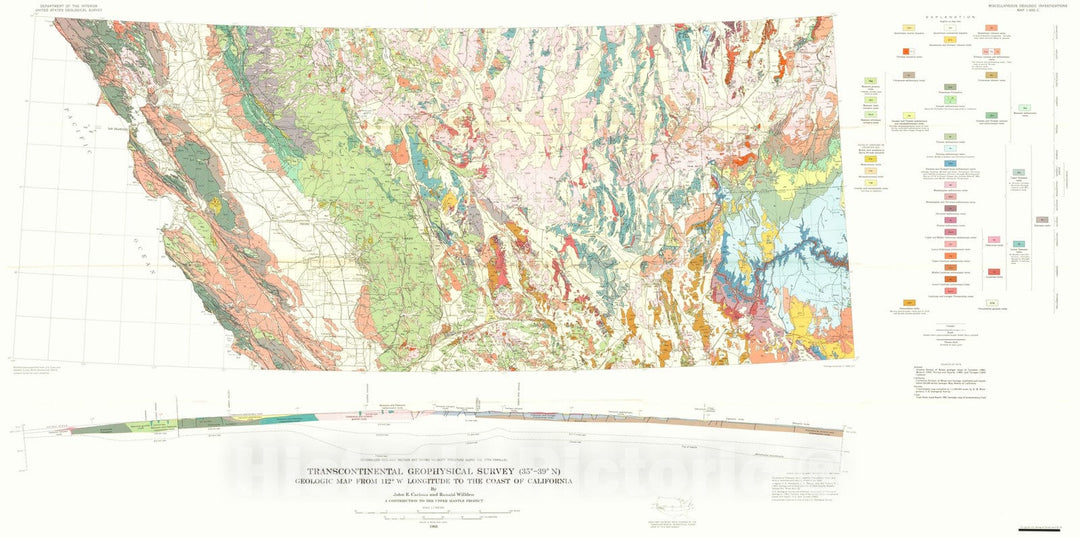 Map : Transcontinental geophysical survey (35 degrees - thirty-nine degrees N): Geologic map from 112 degrees W longitude to the coast of California, 1968 Cartography Wall Art :