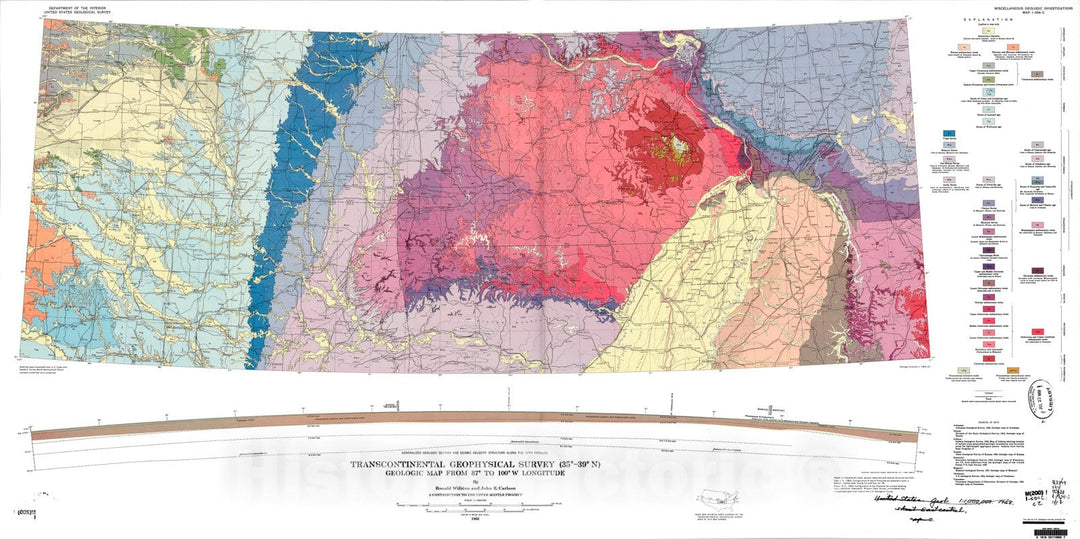 Map : Transcontinental geophysical survey (35 degrees - thirty-nine degrees N): Geologic map from eighty-seven degrees to 100 degrees W longitude, 1968 Cartography Wall Art :