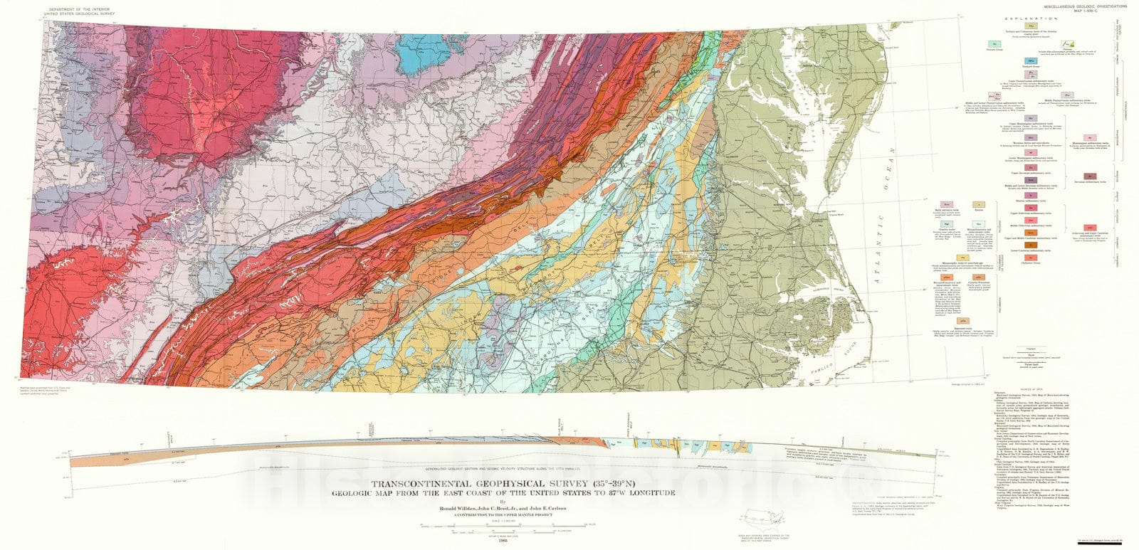 Map : Transcontinental geophysical survey (35 degrees - thirty-nine degrees N): Geologic map from the east coast of the United States to eighty-seven degrees W longitude, 1968 Cartography Wall Art :