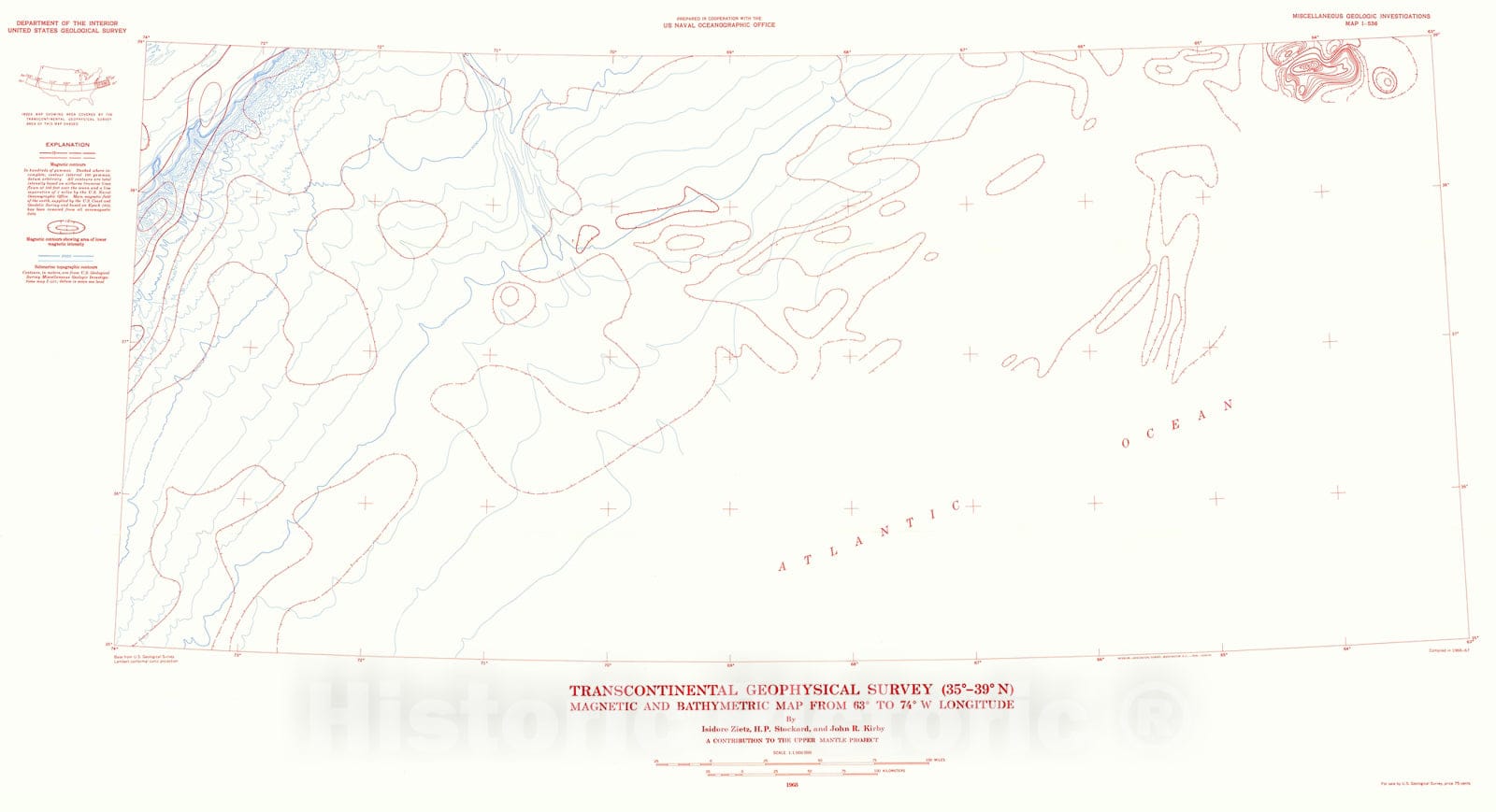 Map : Transcontinental geophysical survey (35 degrees - thirty-nine degrees N): Magnetic and bathymetric map from sixty-three degrees to seventy-four degrees W longitude, 1968 Cartography Wall Art :