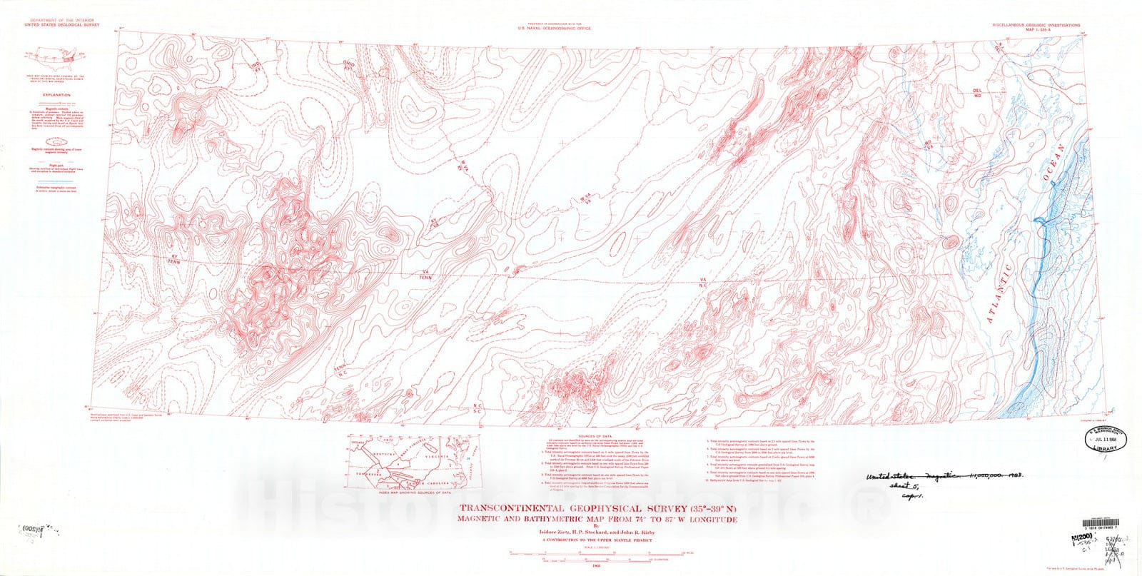 Map : Transcontinental geophysical survey (35 degrees - thirty-nine degrees N): Magnetic and bathymetric map from seventy-four degrees to eighty-seven degrees W longitude, 1968 Cartography Wall Art :