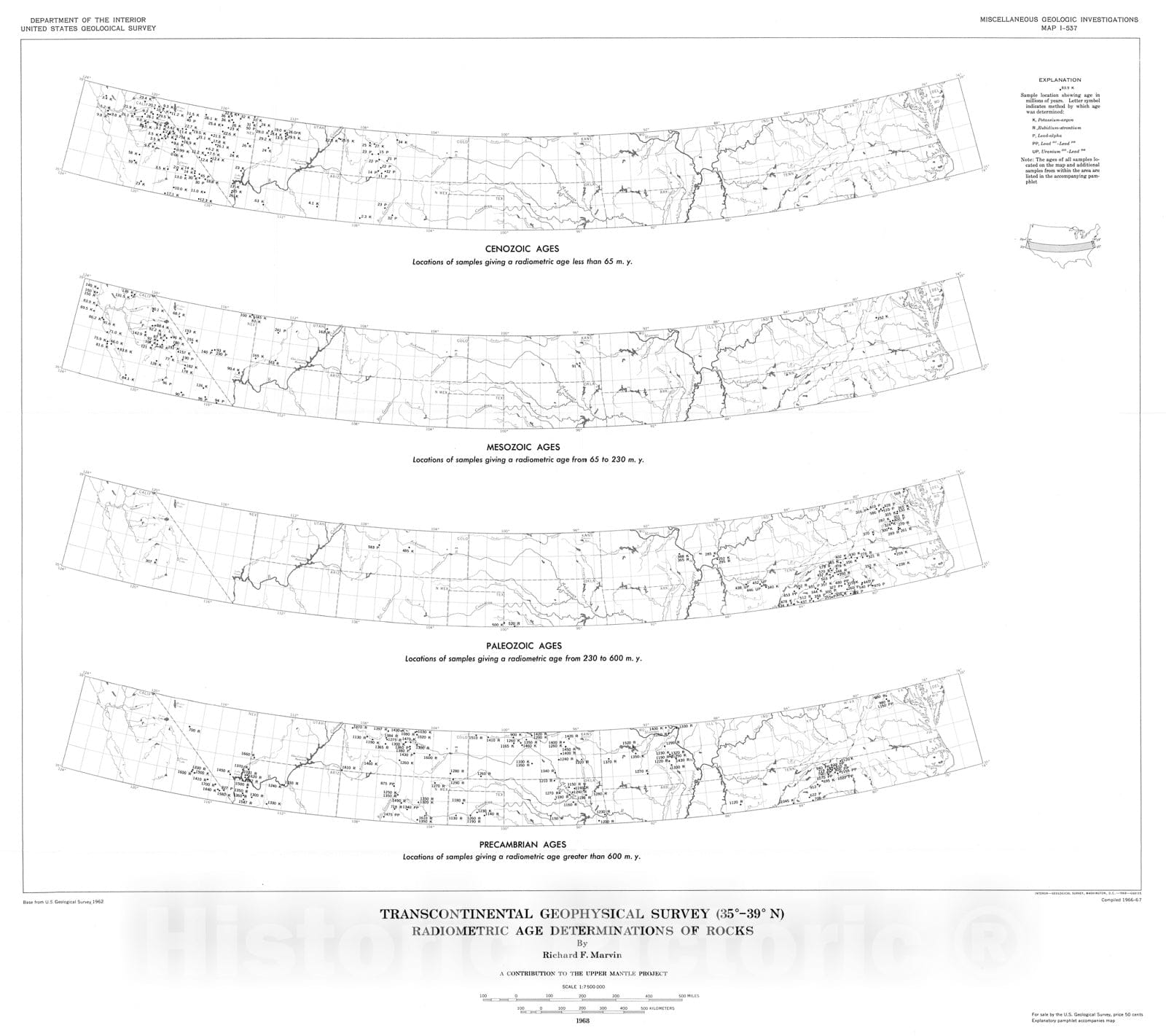 Map : Transcontinental geophysical survey (35 degrees - thirty-nine degrees N): Radiometric age determinations of rocks, 1968 Cartography Wall Art :