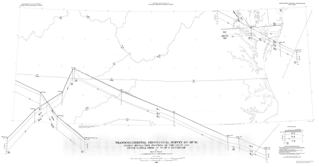 Map : Transcontinental geophysical survey (35 degrees - thirty-nine degrees N): Seismic refraction profiles of the crust and upper mantle, 1968 Cartography Wall Art :