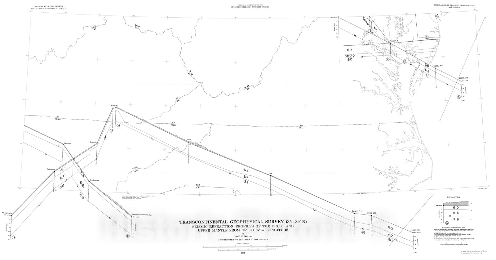 Map : Transcontinental geophysical survey (35 degrees - thirty-nine degrees N): Seismic refraction profiles of the crust and upper mantle, 1968 Cartography Wall Art :