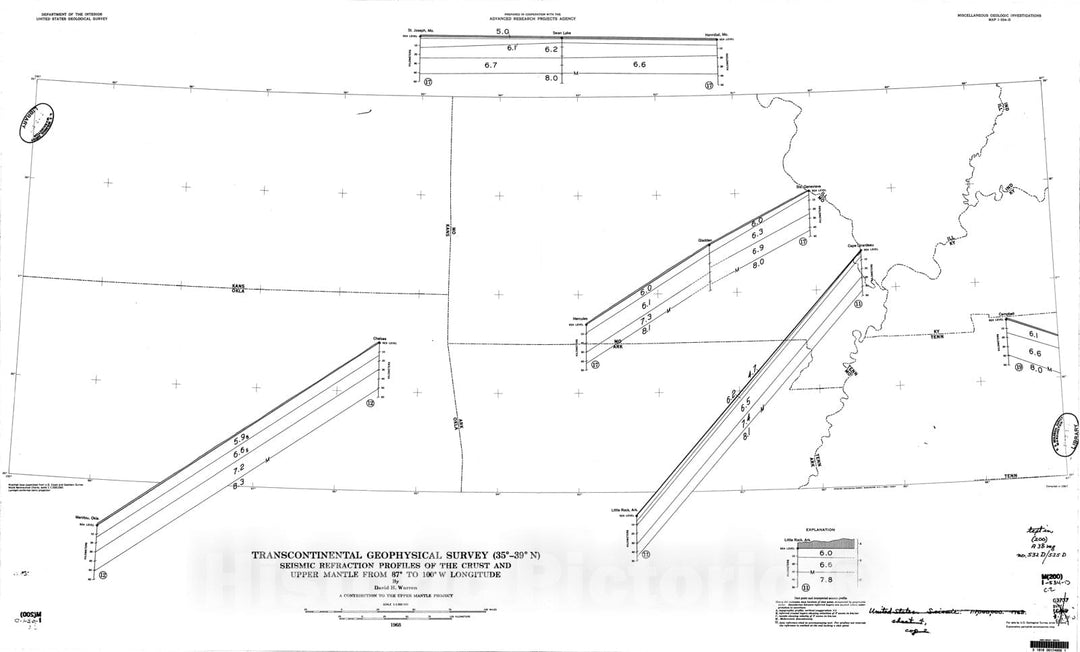 Map : Transcontinental geophysical survey (35 degrees - thirty-nine degrees N): Seismic refraction, 1968 Cartography Wall Art :