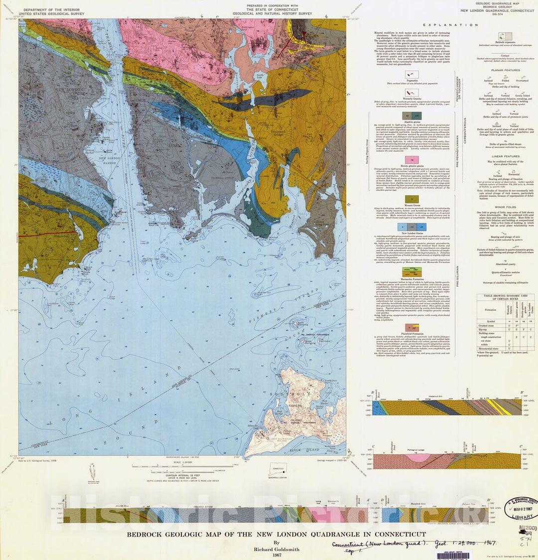 Map : Bedrock geologic map of the New London quadrangle in Connecticut, 1967 Cartography Wall Art :