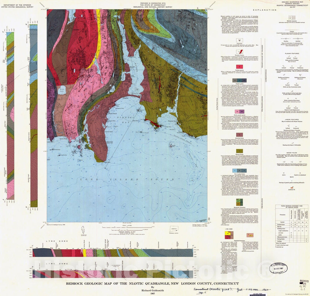 Map : Bedrock geologic map of the Niantic quadrangle, New London County, Connecticut, 1967 Cartography Wall Art :