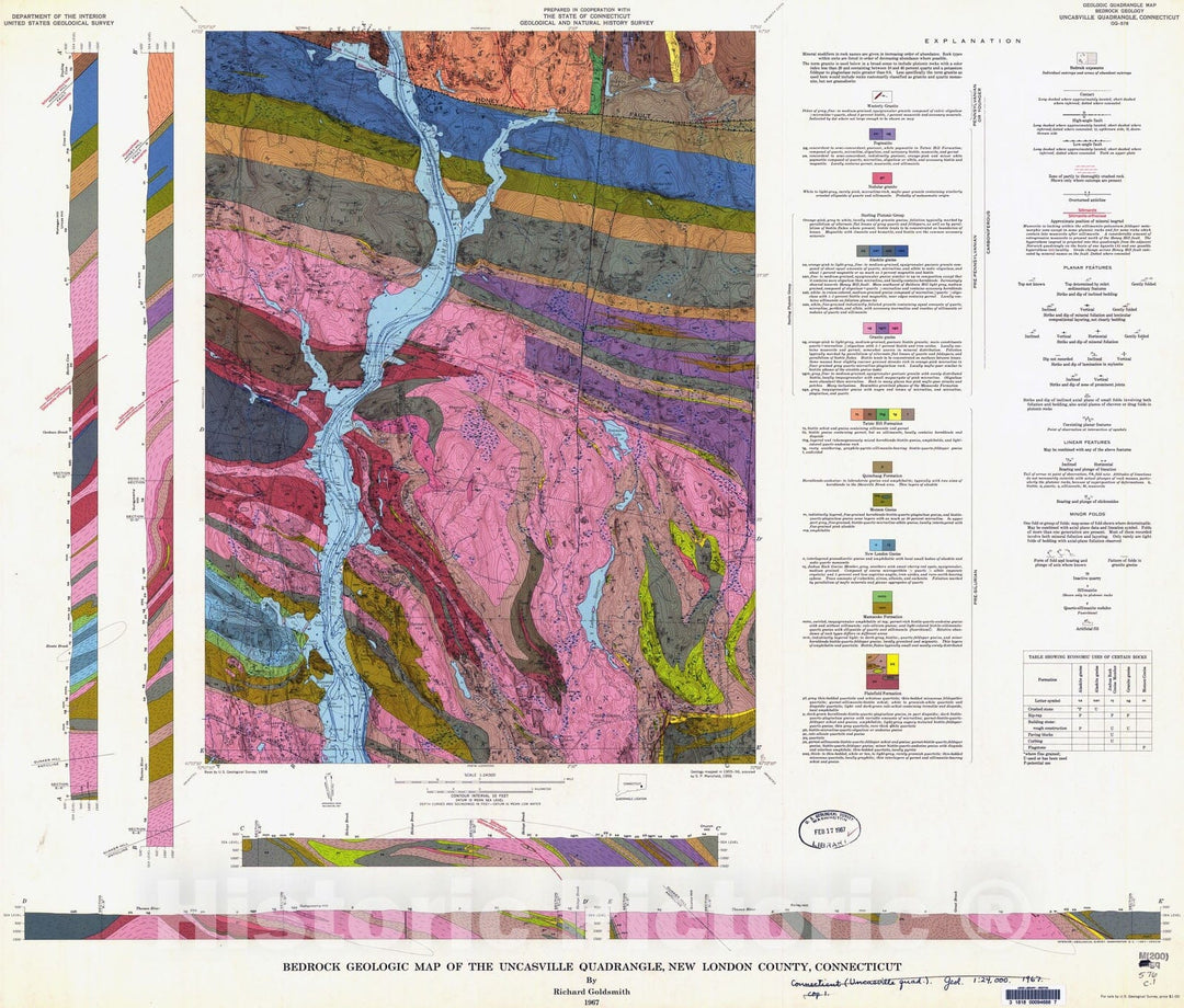 Map : Bedrock geologic map of the Uncasville quadrangle, New London County, Connecticut, 1967 Cartography Wall Art :