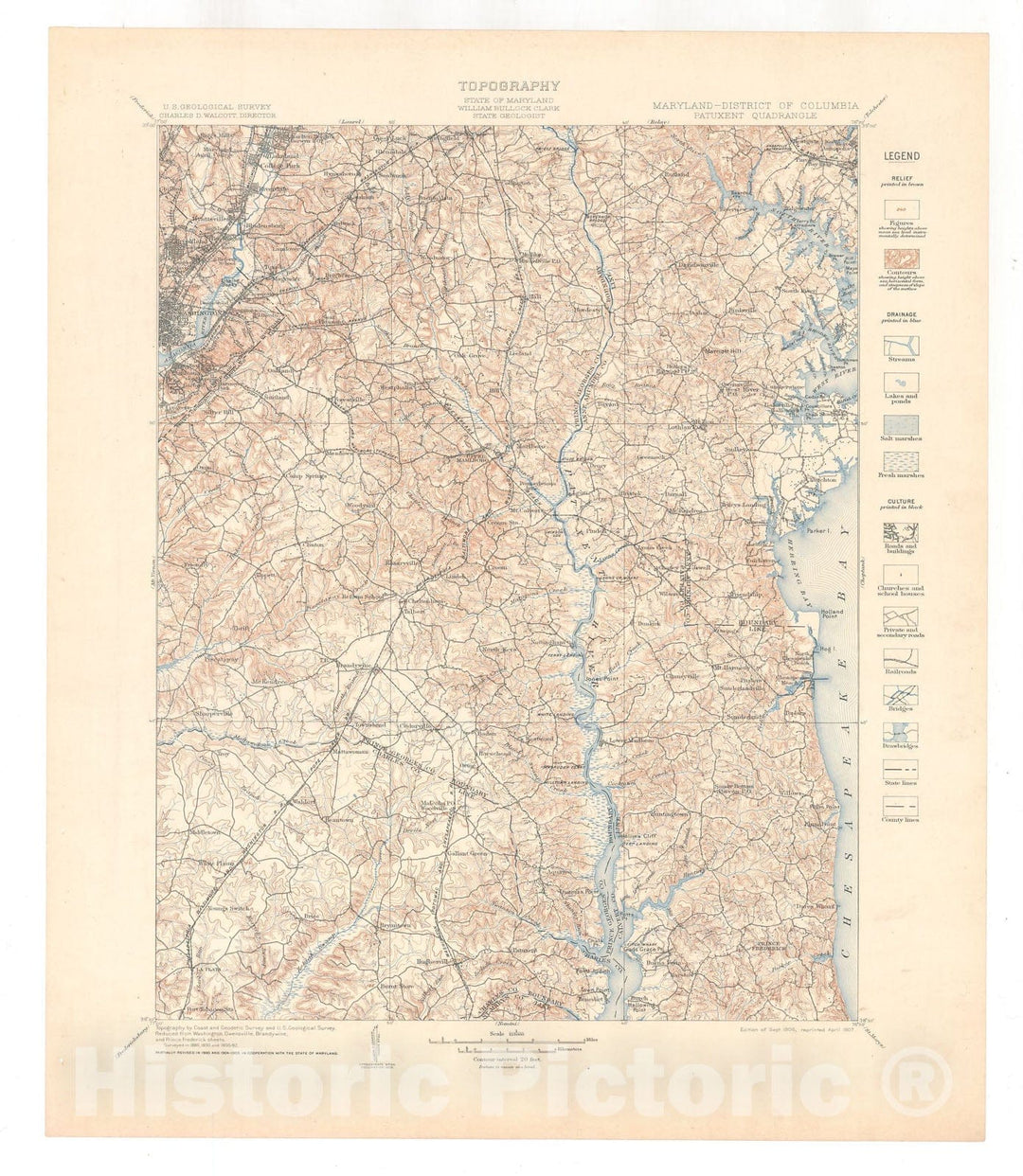 Map : Patuxent folio, Maryland-District of Columbia, 1907 Cartography Wall Art :