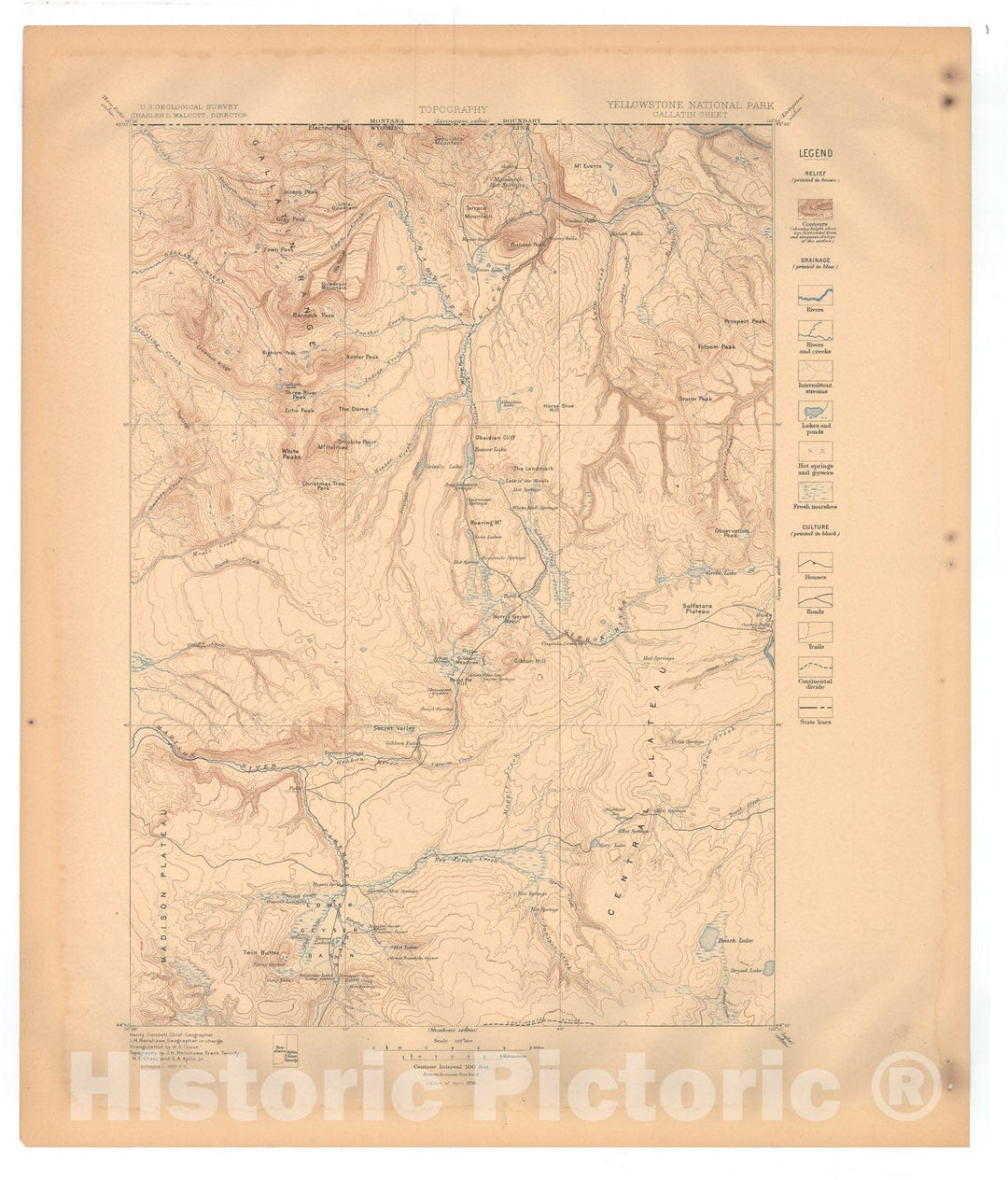 Map : Yellowstone National Park folio, Wyoming, 1896 Cartography Wall Art :