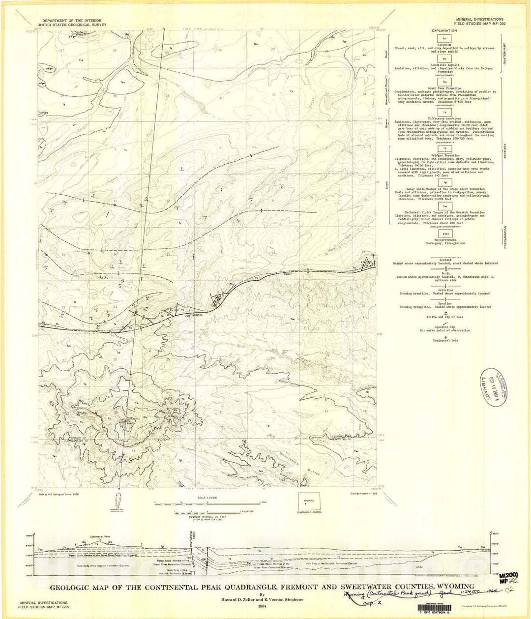 Map : Geologic map of the Continental Peak quadrangle, Fremont and Sweetwater Counties, Wyoming, 1964 Cartography Wall Art :