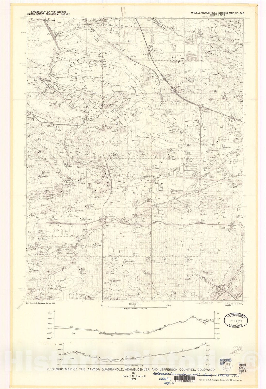 Map : Geologic map of the Arvada quadrangle, Adams, Denver, and Jefferson Counties, Colorado, 1972 Cartography Wall Art :