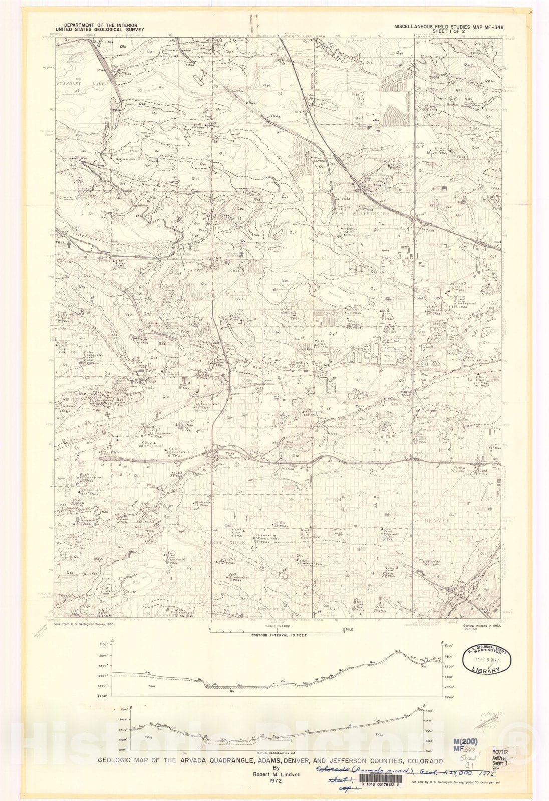 Map : Geologic map of the Arvada quadrangle, Adams, Denver, and Jefferson Counties, Colorado, 1972 Cartography Wall Art :