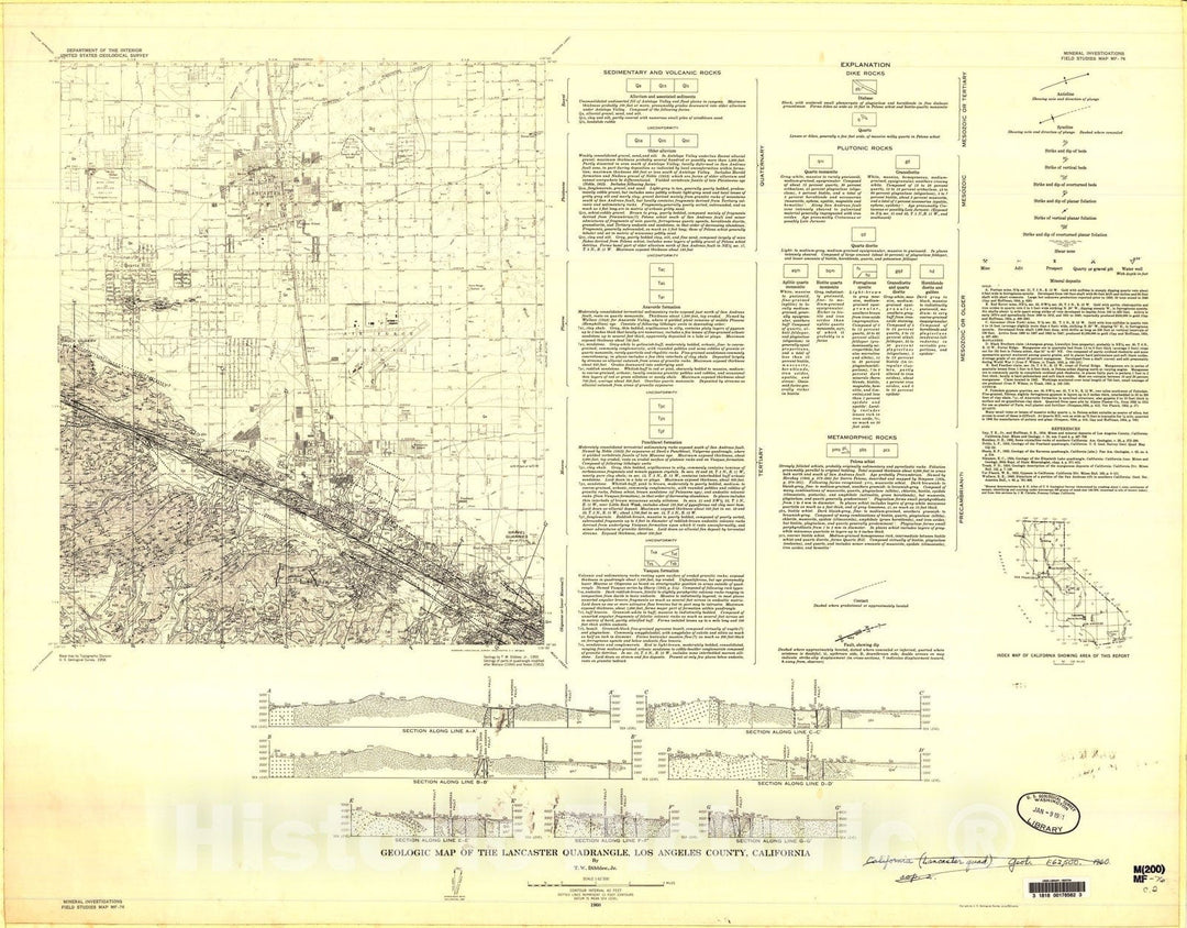 Map : Geologic map of the Lancaster quadrangle, Los Angeles County, California, 1960 Cartography Wall Art :