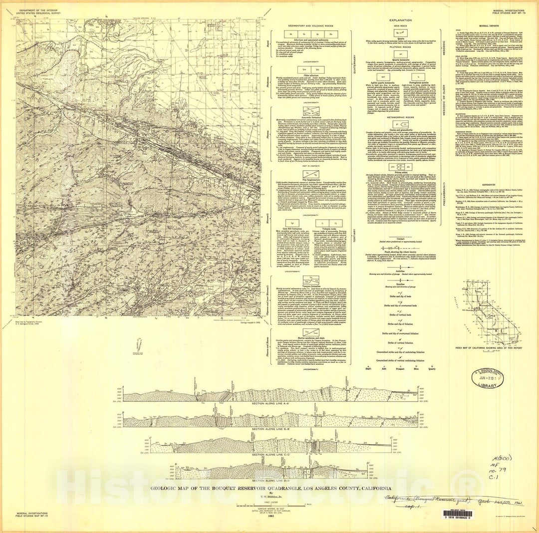 Map : Geologic map of the Bouquet Reservoir quadrangle, Los Angeles County, California, 1961 Cartography Wall Art :