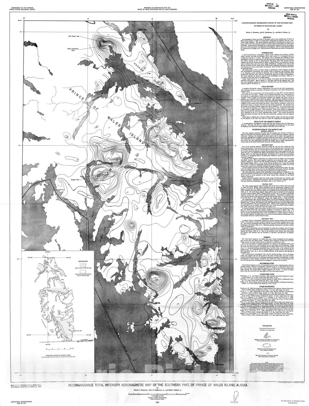 Map : Reconnaissance total intensity aeromagnetic map of southern part of Prince of Wales Island, Alaska, 1956 Cartography Wall Art :