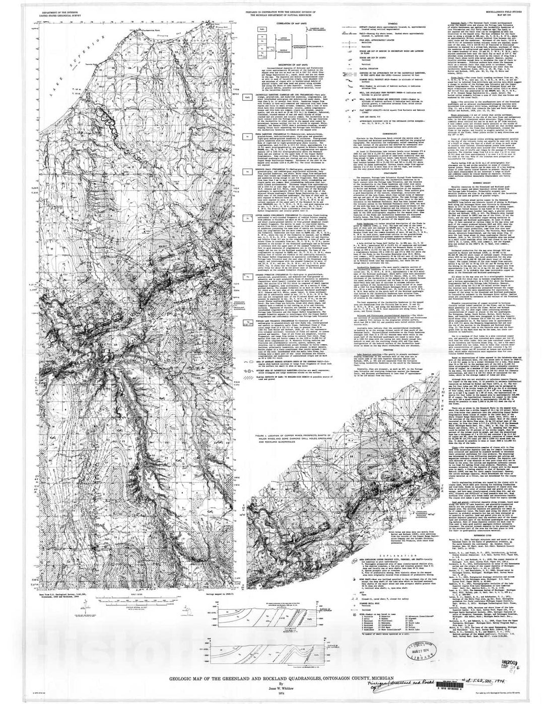 Map : Geologic map of the Greenland and Rockland quadrangles, Ontonagon County, Michigan, 1974 Cartography Wall Art :