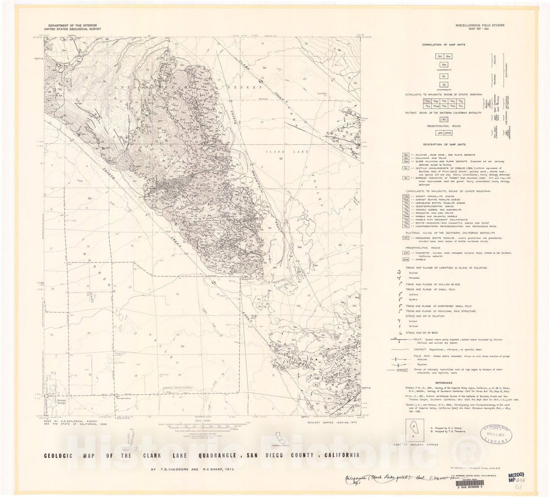 Map : Geologic map of the Clark Lake quadrangle, San Diego County, California, 1975 Cartography Wall Art :