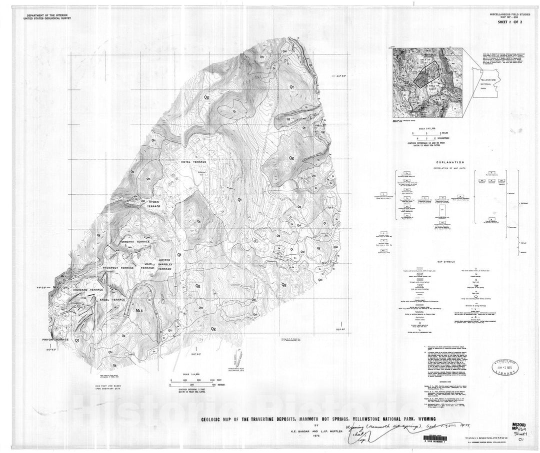 Map : Geologic map of the travertine deposits, Mammoth Hot Springs, Yellowstone National Park, Wyoming, 1975 Cartography Wall Art :