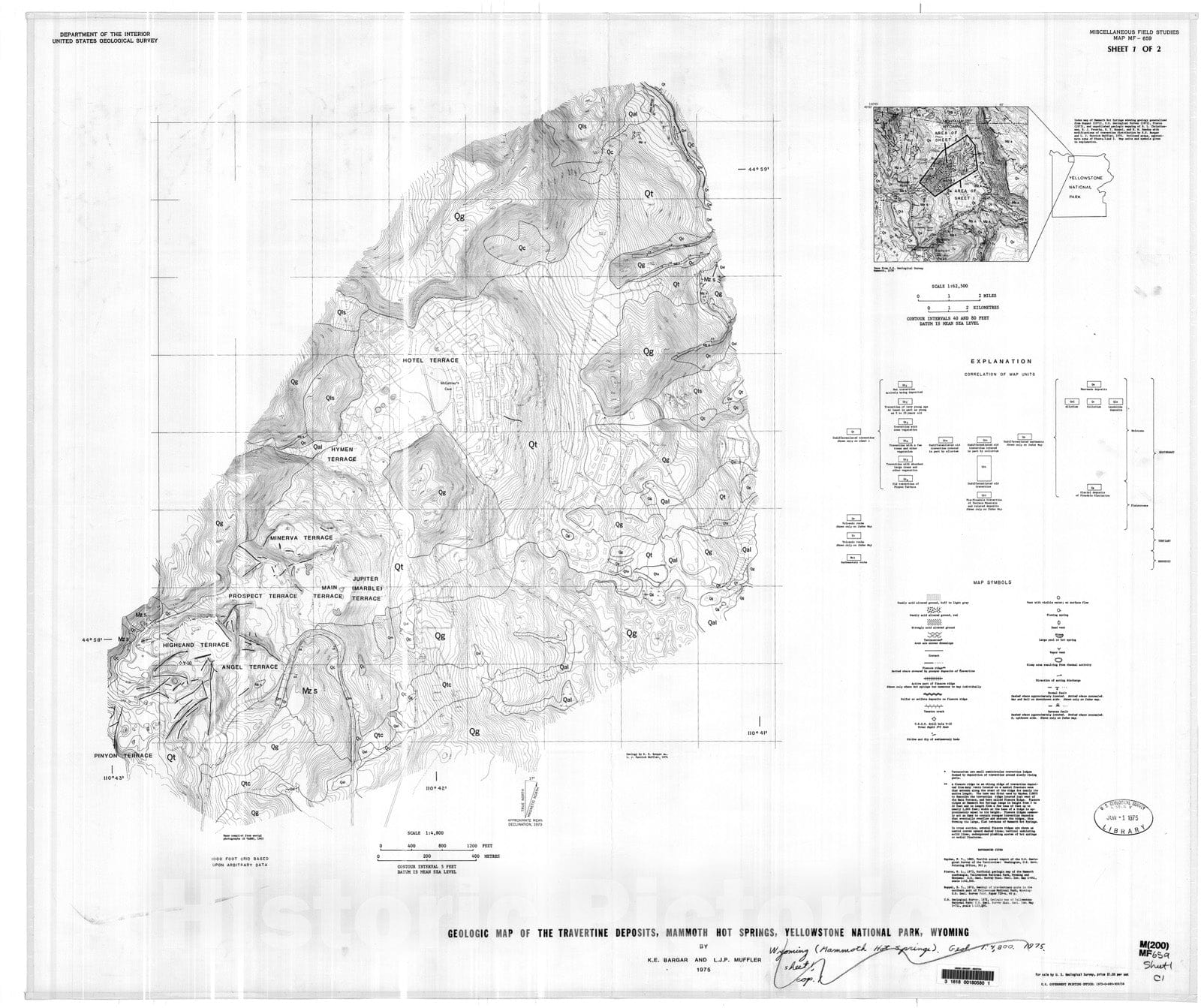 Map : Geologic map of the travertine deposits, Mammoth Hot Springs, Yellowstone National Park, Wyoming, 1975 Cartography Wall Art :