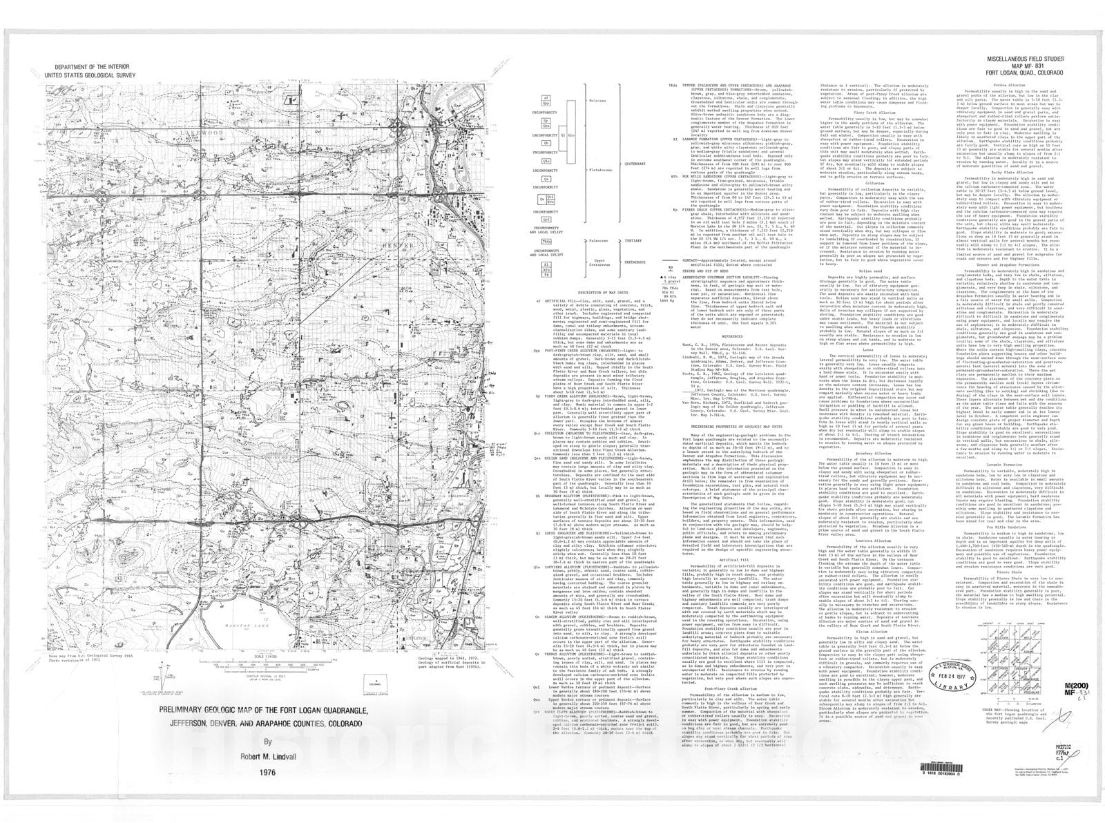 Map : Preliminary geologic map of the Fort Logan quadrangle, Jefferson, Denver, and Arapahoe Counties, Colorado, 1976 Cartography Wall Art :