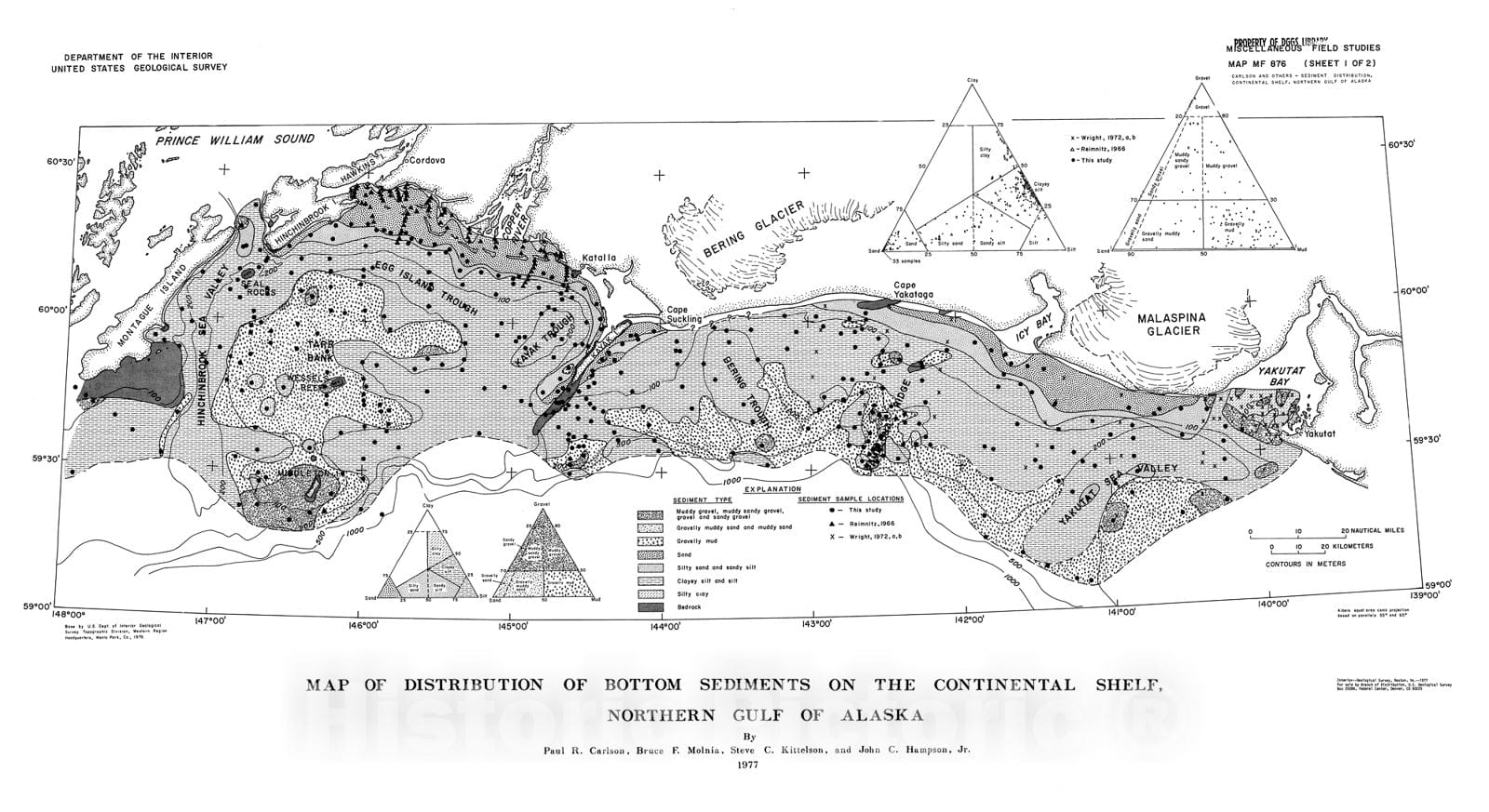 Map : Map of distribution of bottom sediments on the continental shelf, northern Gulf of Alaska, 1977 Cartography Wall Art :