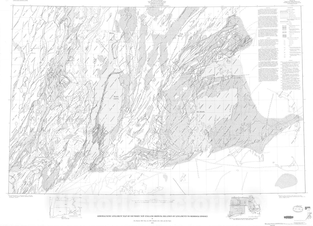 Map : Aeromagnetic lineament map of southern New England showing relation of lineaments to bedrock geology, 1977 Cartography Wall Art :