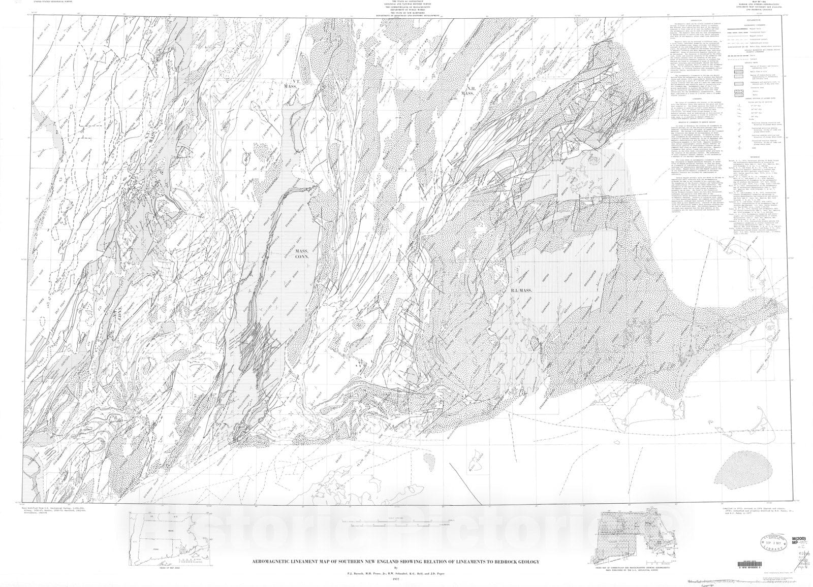 Map : Aeromagnetic lineament map of southern New England showing relation of lineaments to bedrock geology, 1977 Cartography Wall Art :